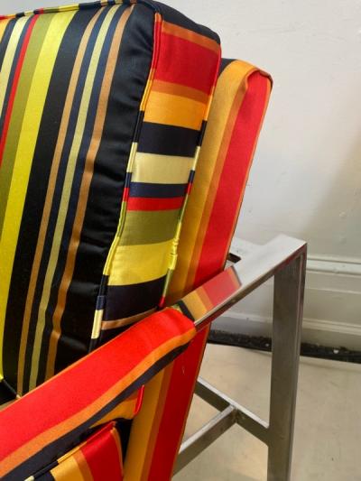 Milo Baughman PAIR OF MILO BAUGHMAN CHAIRS IN HIGH END STRPIED FABRIC