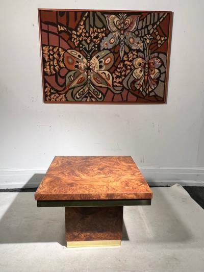 Milo Baughman PAIR OF MODERN BURLWOOD LAMINATE AND BRASS SIDE TABLES