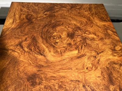 Milo Baughman PAIR OF MODERN BURLWOOD LAMINATE AND BRASS SIDE TABLES