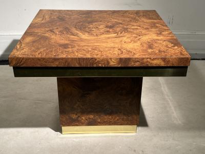 Milo Baughman PAIR OF MODERN BURLWOOD LAMINATE AND BRASS SIDE TABLES