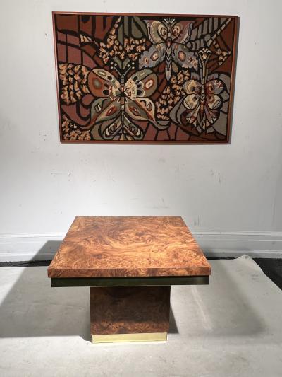 Milo Baughman PAIR OF MODERN BURLWOOD LAMINATE AND BRASS SIDE TABLES