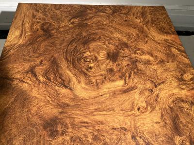 Milo Baughman PAIR OF MODERN BURLWOOD LAMINATE AND BRASS SIDE TABLES