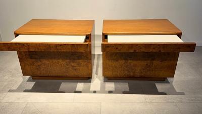 Milo Baughman Pair American Modern Burlwood Night Tables Milo Baughman