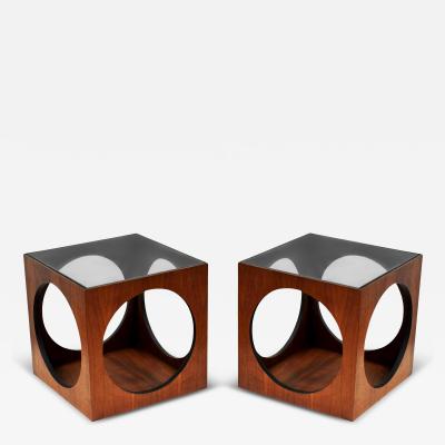 Milo Baughman Pair MCM Baughman Geometric Cube Walnut Glass End Table or Side Drinks Tables