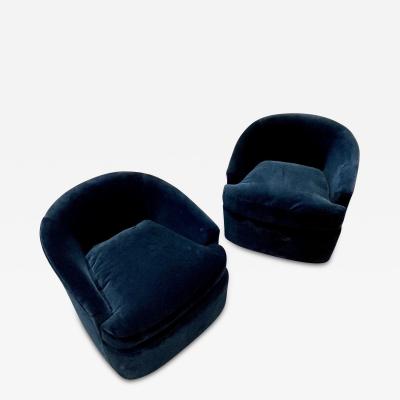 Milo Baughman Pair Mid Century Modern Baughman Style Blue Suede Tub Swivel Lounge Chairs