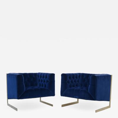 Milo Baughman Pair Mid Century Modern Milo Baughman Style Brass Cantilever Lounge Club Chairs