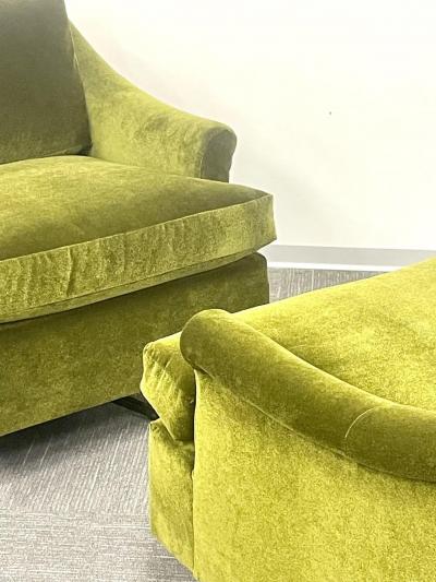 Milo Baughman Pair Mid Century Modern Swivel Arm Lounge Chairs Olive Green Velvet American
