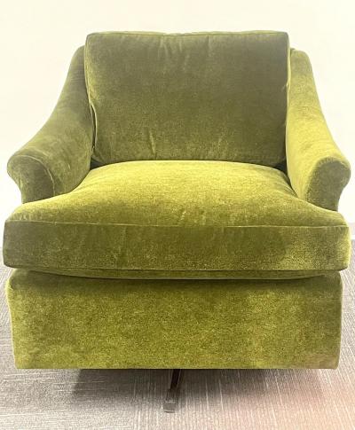 Milo Baughman Pair Mid Century Modern Swivel Arm Lounge Chairs Olive Green Velvet American