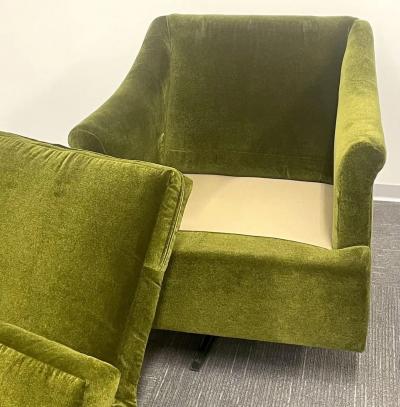 Milo Baughman Pair Mid Century Modern Swivel Arm Lounge Chairs Olive Green Velvet American