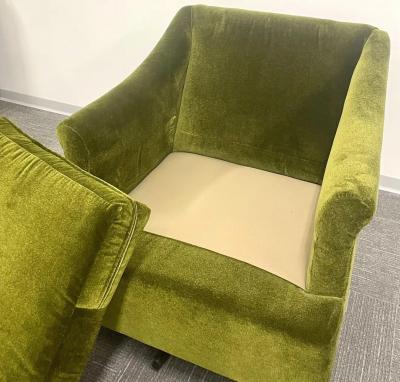 Milo Baughman Pair Mid Century Modern Swivel Arm Lounge Chairs Olive Green Velvet American