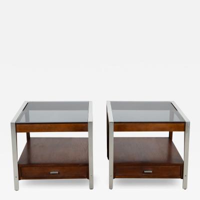 Milo Baughman Pair Mid Century Walnut Aluminum Smoked Glass Nightstands End Tables