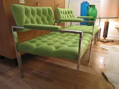 Milo Baughman Pair Milo Baughman Tufted Chrome Flat Bar Lounge Chairs Mid Century