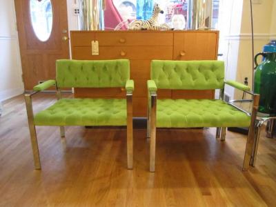 Milo Baughman Pair Milo Baughman Tufted Chrome Flat Bar Lounge Chairs Mid Century