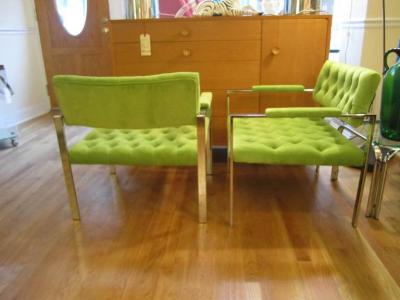 Milo Baughman Pair Milo Baughman Tufted Chrome Flat Bar Lounge Chairs Mid Century