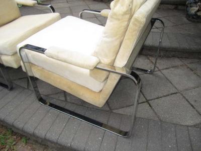 Milo Baughman Pair Rounded Polished Steel Flat Bar Frame Lounge Chairs Milo Baughman