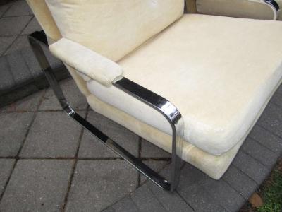 Milo Baughman Pair Rounded Polished Steel Flat Bar Frame Lounge Chairs Milo Baughman