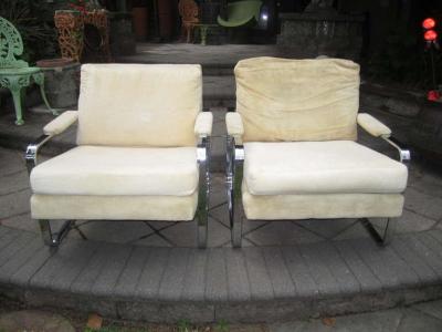 Milo Baughman Pair Rounded Polished Steel Flat Bar Frame Lounge Chairs Milo Baughman