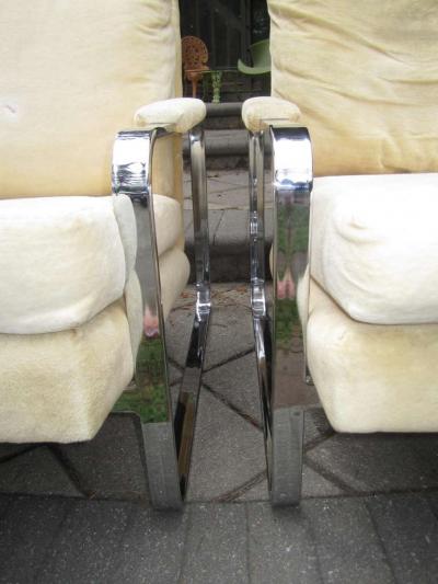 Milo Baughman Pair Rounded Polished Steel Flat Bar Frame Lounge Chairs Milo Baughman