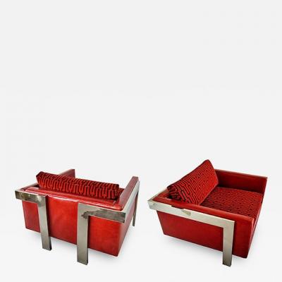 Milo Baughman Pair of American Modern Polished Chrome Leather Velvet Armchairs Milo Baughman