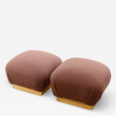 Milo Baughman Pair of Brass and Mauve Upholstered Poufs