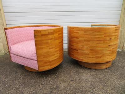 Milo Baughman Pair of Butcher Block Milo Baughman Style Barrel Back Lounge Chairs Mid Century