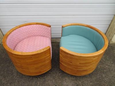 Milo Baughman Pair of Butcher Block Milo Baughman Style Barrel Back Lounge Chairs Mid Century