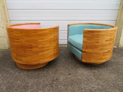 Milo Baughman Pair of Butcher Block Milo Baughman Style Barrel Back Lounge Chairs Mid Century