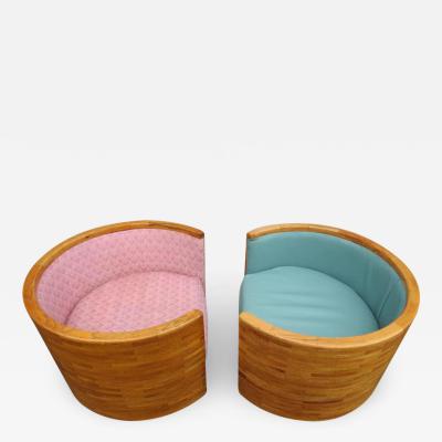 Milo Baughman Pair of Butcher Block Milo Baughman Style Barrel Back Lounge Chairs Mid Century