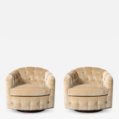 Milo Baughman Pair of Mid Century Biscuit Tufted Mohair Swivel Chairs signed Milo Baughman