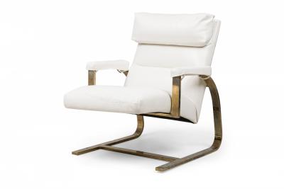 Milo Baughman Pair of Milo Baughman Brass White Leather Upholstered Arm Chairs