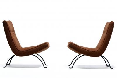 Milo Baughman Pair of Milo Baughman Scoop Chairs in Chocolate Boucl with Iron Legs c 1950s
