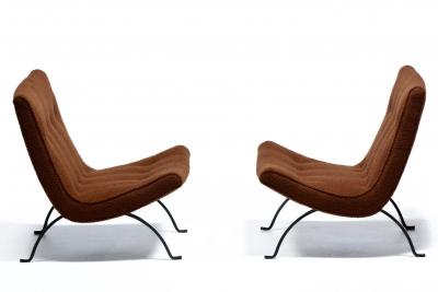 Milo Baughman Pair of Milo Baughman Scoop Chairs in Chocolate Boucl with Iron Legs c 1950s