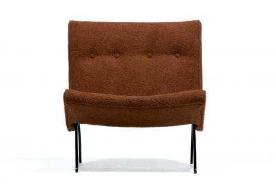 Milo Baughman Pair of Milo Baughman Scoop Chairs in Chocolate Boucl with Iron Legs c 1950s