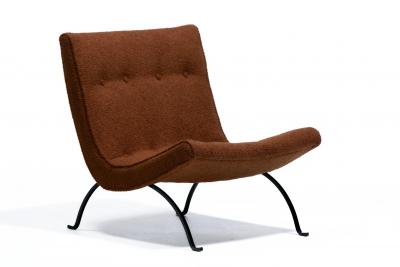 Milo Baughman Pair of Milo Baughman Scoop Chairs in Chocolate Boucl with Iron Legs c 1950s