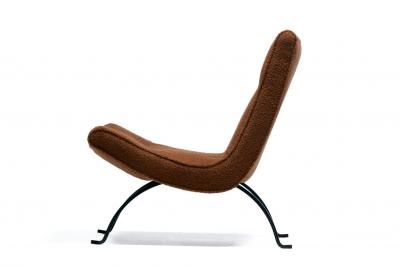 Milo Baughman Pair of Milo Baughman Scoop Chairs in Chocolate Boucl with Iron Legs c 1950s