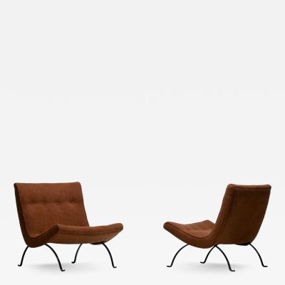 Milo Baughman Pair of Milo Baughman Scoop Chairs in Chocolate Boucl with Iron Legs c 1950s