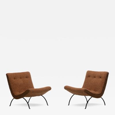 Milo Baughman Pair of Milo Baughman Scoop Chairs in Cocoa Boucl with Iron Legs c 1950s