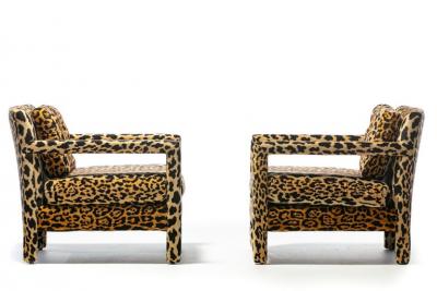 Milo Baughman Pair of Milo Baughman Style Mid Century Parsons Chairs in Leopard Velvet c 1970