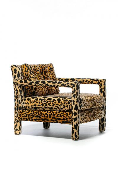 Milo Baughman Pair of Milo Baughman Style Mid Century Parsons Chairs in Leopard Velvet c 1970