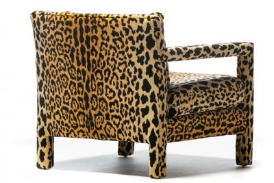Milo Baughman Pair of Milo Baughman Style Mid Century Parsons Chairs in Leopard Velvet c 1970