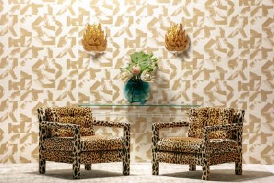 Milo Baughman Pair of Milo Baughman Style Mid Century Parsons Chairs in Leopard Velvet c 1970