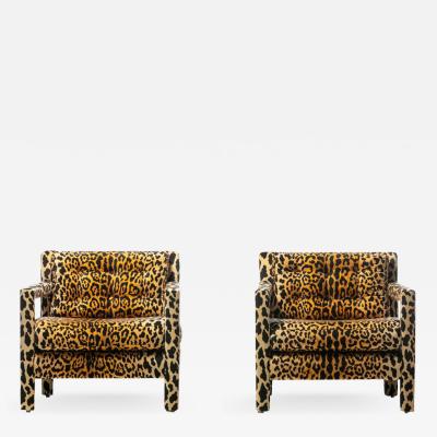 Milo Baughman Pair of Milo Baughman Style Mid Century Parsons Chairs in Leopard Velvet c 1970