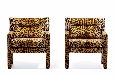 Milo Baughman Pair of Milo Baughman Style Mid Century Parsons Chairs in Leopard Velvet c 1970