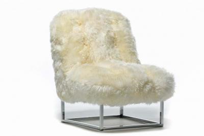 Milo Baughman Pair of Milo Baughman Style Sheepskin Chrome Slipper Chairs c 1970s