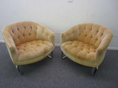 Milo Baughman Pair of Milo Baughman Style Tufted Chrome Barrel Tub Chairs Mid Century Modern
