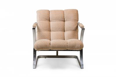 Milo Baughman Polished Silver Metal and Beige Upholstered Armchair manner of Milo Baughman