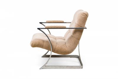 Milo Baughman Polished Silver Metal and Beige Upholstered Armchair manner of Milo Baughman