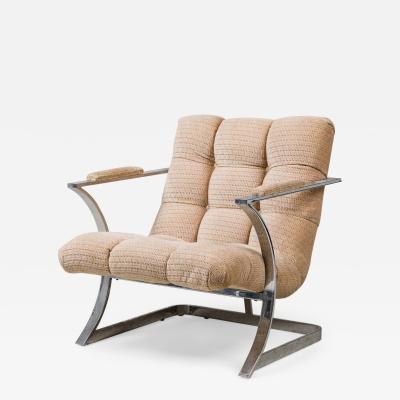 Milo Baughman Polished Silver Metal and Beige Upholstered Armchair manner of Milo Baughman