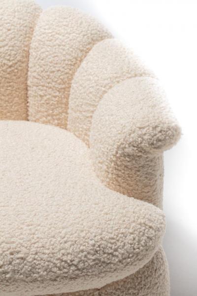 Milo Baughman Post Modern Ivory White Boucl Clam Shell Swivel Lounge Chairs