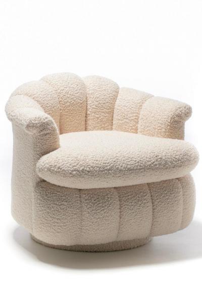 Milo Baughman Post Modern Ivory White Boucl Clam Shell Swivel Lounge Chairs